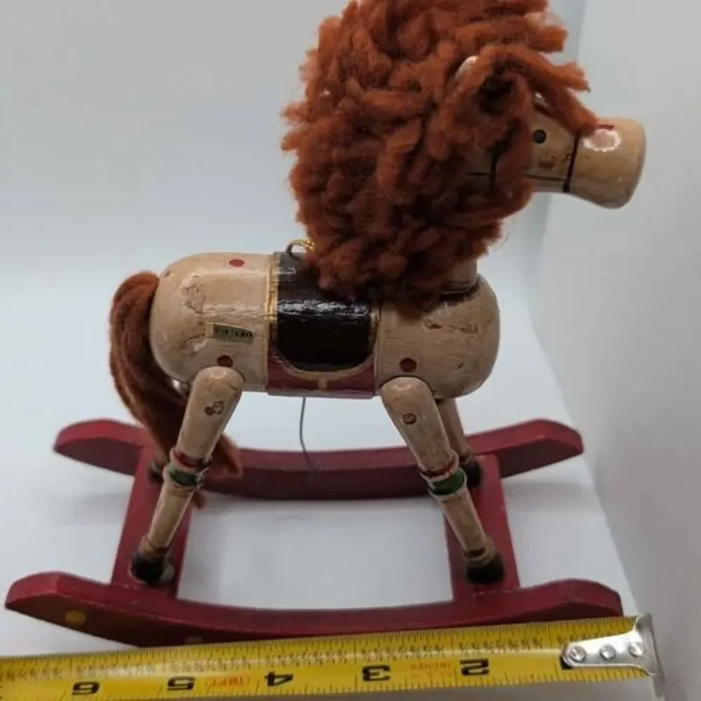 Vintage 1980 Wooden Rocking Horse Christmas Ornament Hand Painted Yarn Mane